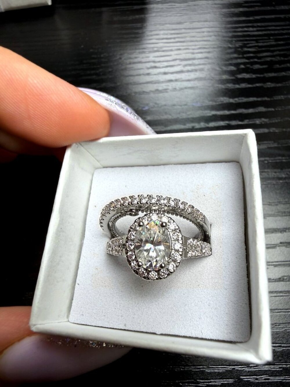 Moissanite Oval Halo Ring Set of 2 14K White Gold Plated Size 6.5 GRA
